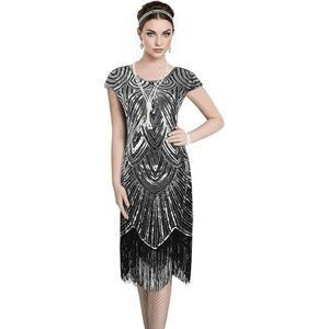 ✨ Flapper Great Gatsby Roaring 1920s Retro Tassel Fringe Silver Sequin Dress NEW
